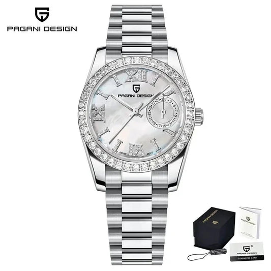 PAGANI DESIGN 1776 – Luxury Women's Quartz Watch with Diamond Accents, Stainless Steel Band, and Calendar Function