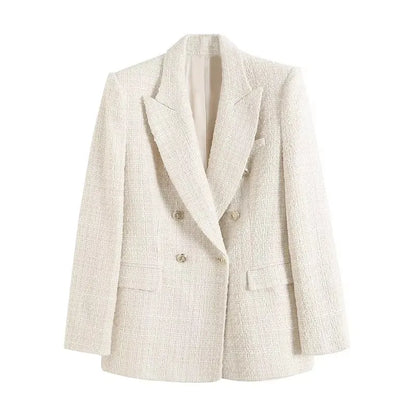 Women's Vintage Houndstooth Blazer Coat - Long Sleeve Double-Breasted Outerwear with Flap Pockets Constantia