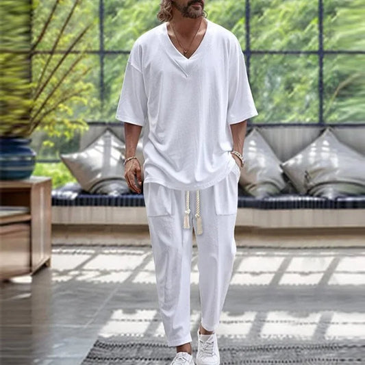 Men's Summer Two-Piece Set | Casual V-Neck Short-Sleeve T-Shirt & Pants in Fashionable Solid Colors Andrew