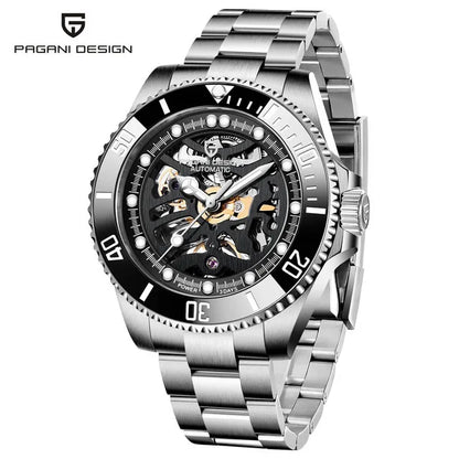 PAGANI DESIGN PD‑1659 Men’s Skeleton Automatic Mechanical Watch | Business Luxury Wristwatch with Date, Hollow‑Out Dial, 3ATM Water Resistant