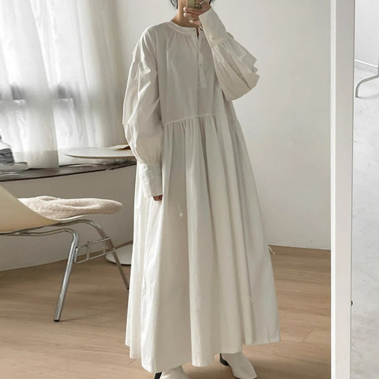 Spring Korean Minimalist Lantern Sleeve Dress – Round Neck, Three-Button Design, Loose Waist Solid Color Frances