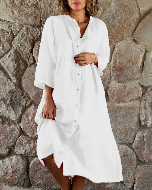 Women Linen Dress Covered Button Stand Neck Long Sleeve Linen Dress High Quality White Linen Dress