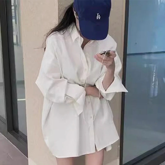 Summer Loose Fit Women's Long Sleeve Shirt – Polo Collar, Single-Breasted, Solid Color Design