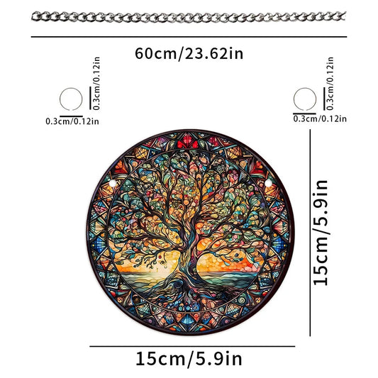 Tree of Life Suncatcher – 15cm Round Dyed Acrylic Window Hanging with Metal Chain, Peaceful Home Decor Gift