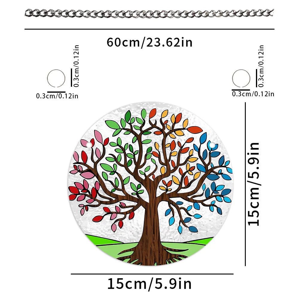 Tree of Life Suncatcher – 15cm Round Dyed Acrylic Window Hanging with Metal Chain, Peaceful Home Decor Gift