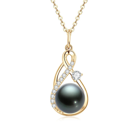 925 Sterling Silver Moissanite 10mm Natural Tahitian Black Pearl Infinity Pendant Necklace for Women