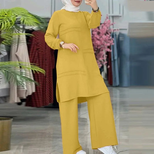 Elegant Muslim Women's Two-Piece Set – Long-Sleeved Shirt & Wide-Leg Pants | Modest Solid Color Outfit Ceyda