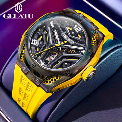 GELATU 6007 Men's Hollow Automatic Mechanical Skeleton Sports Watch with Silicone Strap - Original Design