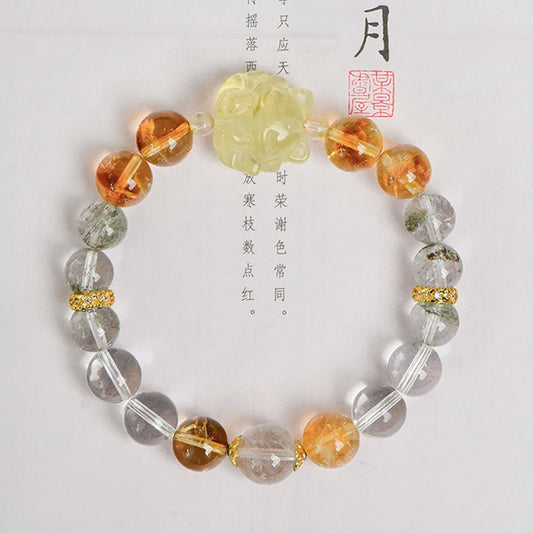 Handmade Spiritual Crystal Bracelet – Golden Rutilated Quartz, Clear Quartz, Green Phantom, Citrine Fox for Unleashing Prosperity