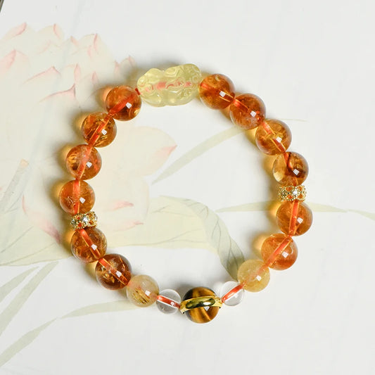 Natural Gem Citrine & Tiger's Eye Bracelet with Feng Shui Pi Xiu Charm – Spiritual Jewelry for Good Fortune