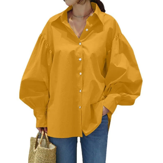 Women Spring Leisure Shirt Lantern Sleeve Lapel Top Vintage Solid Color Office Blouse