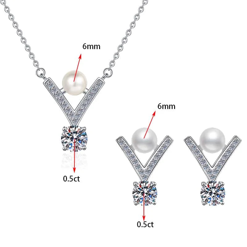 S925 Sterling Silver Moissanite & Pearl Jewelry Set – 0.5ct D Color VVS1 Earrings & Necklace for Women Yna