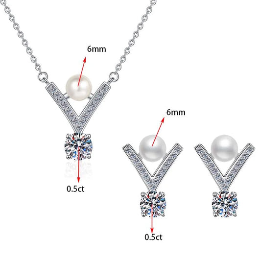 S925 Sterling Silver Moissanite & Pearl Jewelry Set – 0.5ct D Color VVS1 Earrings & Necklace for Women Yna