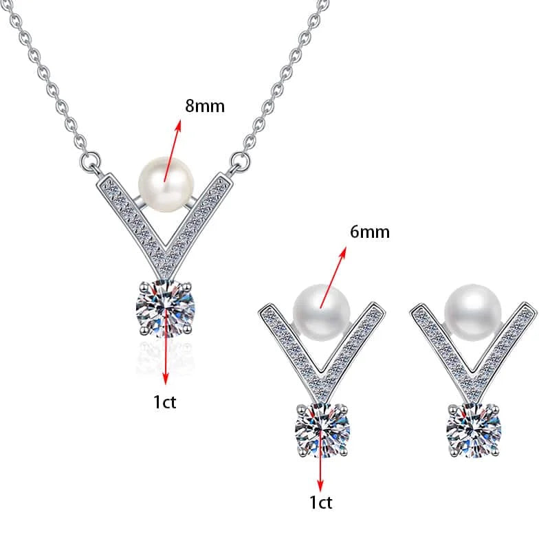 S925 Sterling Silver Moissanite & Pearl Jewelry Set – 0.5ct D Color VVS1 Earrings & Necklace for Women Yna