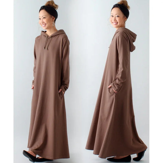 Women’s Maxi Pleated Dress with Pockets | Korean Fashion Winter Hooded Dress Mavy