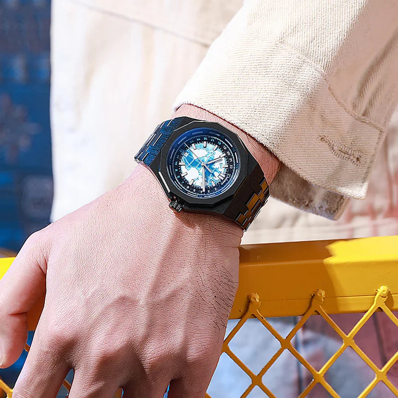 Luxury Men’s Automatic Watch – Stainless Steel Band, Waterproof Mechanical Wristwatch with Custom Earth Dial Edmund