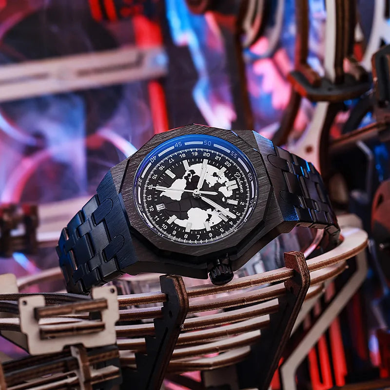 Luxury Men’s Automatic Watch – Stainless Steel Band, Waterproof Mechanical Wristwatch with Custom Earth Dial Edmund