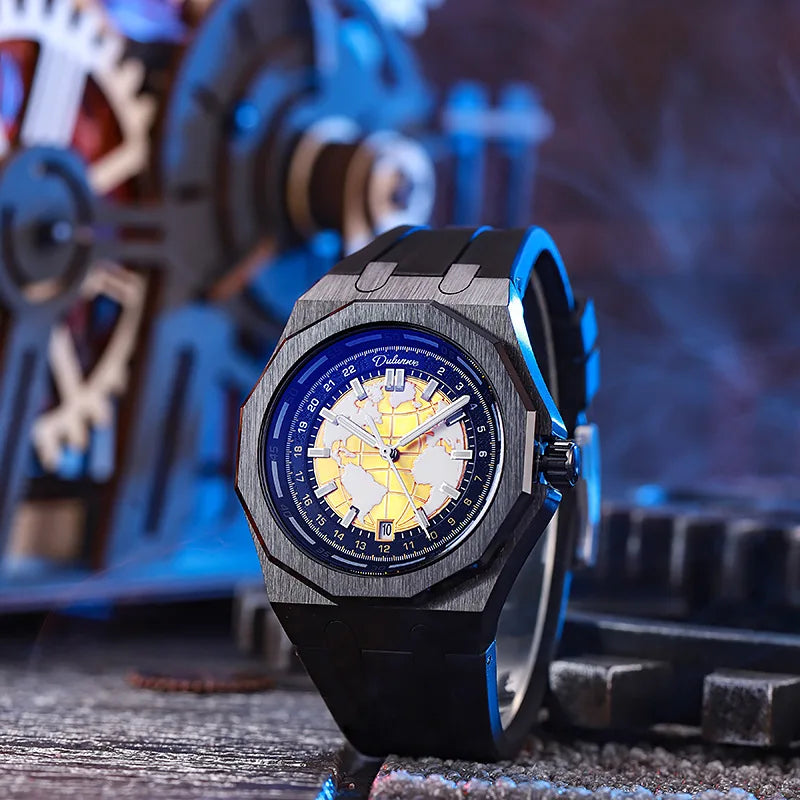 Luxury Men’s Automatic Watch – Stainless Steel Band, Waterproof Mechanical Wristwatch with Custom Earth Dial Edmund