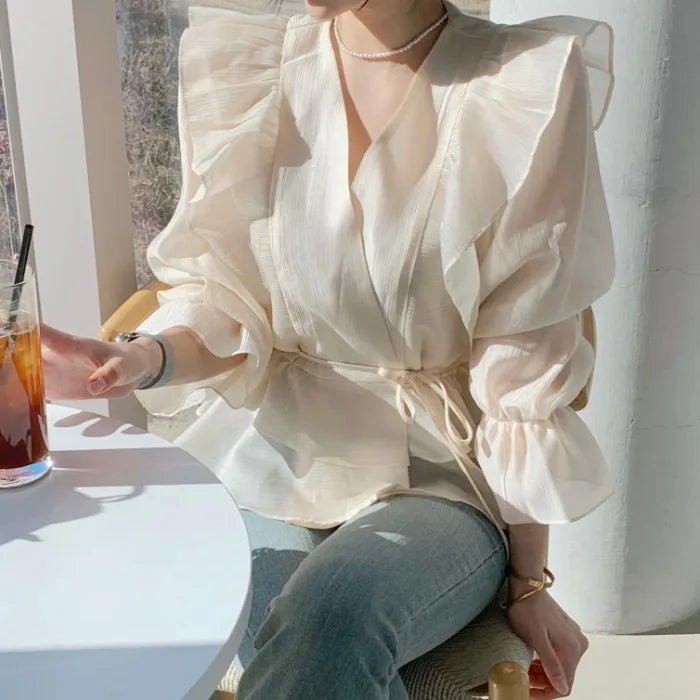 Spring and Summer Women's V-Neck Blouse – Tie Ruffle Design, Flared Sleeves, Solid Color