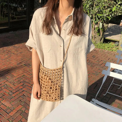 Korean Chic Summer Cotton Dress | Simple Lapel, Single-Breasted, Short-Sleeve Women's Fashion Mayella