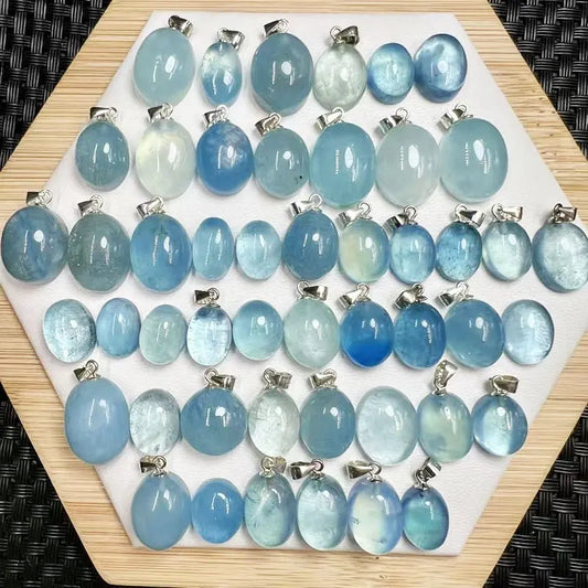 Natural Aquamarine Pendant – Oval Semi-Precious Stone Crystal Charm Jewelry with 925 Sterling Silver Buckle