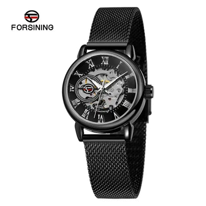 Forsining Women’s Skeleton Watch | Stainless Steel Transparent Mechanical Wristwatch – Waterproof Luxury Watch for Women