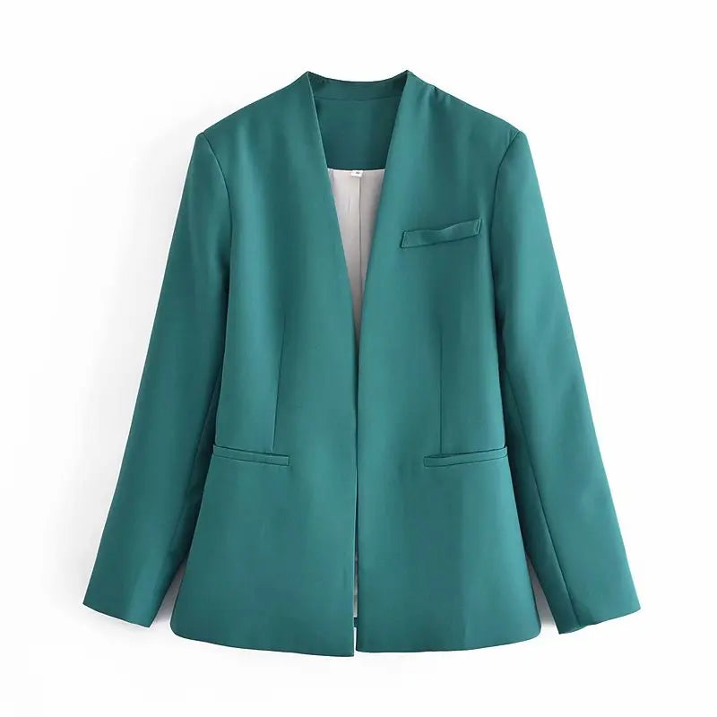 Women's Casual Long Sleeve Suit Jacket - All-Match Lapel-Free Blazer with Shoulder Pads Clemence