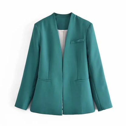 Women's Casual Long Sleeve Suit Jacket - All-Match Lapel-Free Blazer with Shoulder Pads Clemence