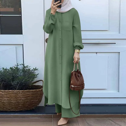 Muslim Women's Arabic Style Two-Piece Outfit – Long-Sleeve Shirt and Trousers Set for Modest Fashion Hiba