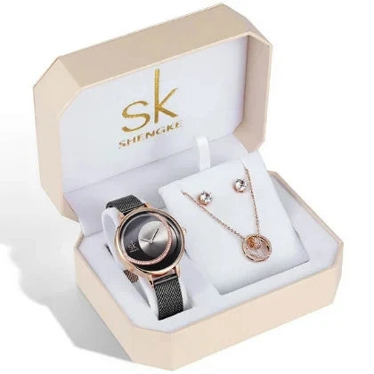 SK Women’s Watch and Bracelet Set – Fashion Bling Jewelry Gift Set with Necklace | Stylish Ladies Wristwatch Set