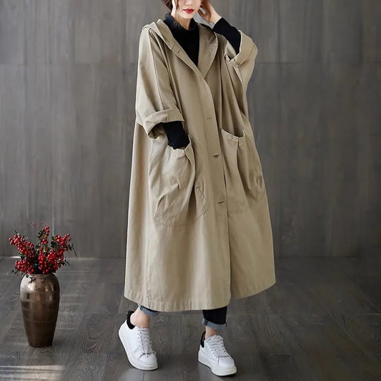 Casual Hooded Women's Coat with Pockets – Loose-Fit Long Autumn Jacket Ruby