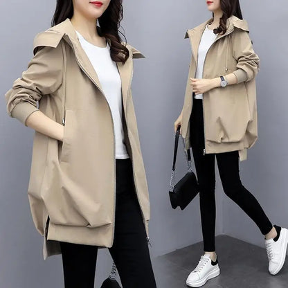 Women's Black Hooded Windbreaker – Mid-Length Casual Korean Style Coat for Spring and Autumn Lyra