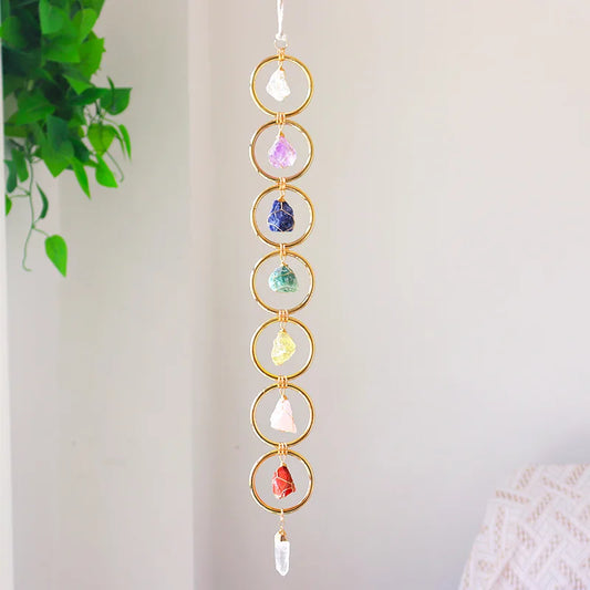 Raw Crystal Chakra Wall Hanging – Natural Crystal Sun Catcher for Home Décor, Energy Healing, and Positive Vibes