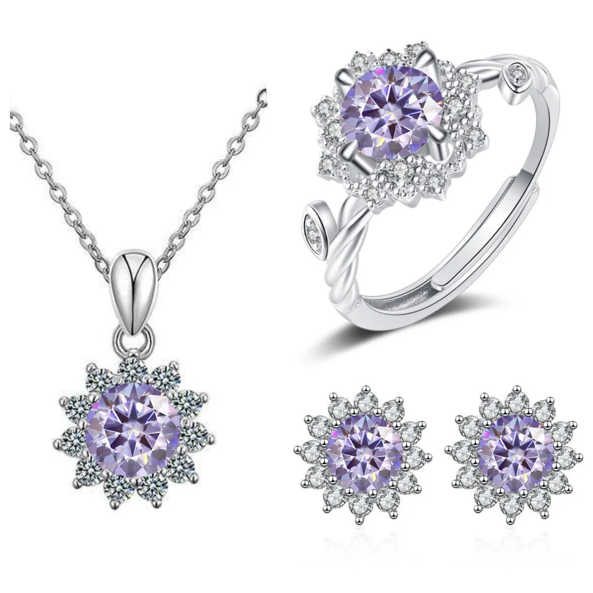 S925 Sterling Silver Stud Earrings & Pendant Set | 1 Carat Moissanite Necklace | Classic Sunflower Design | Perfect Valentine’s Day Gift Serafina