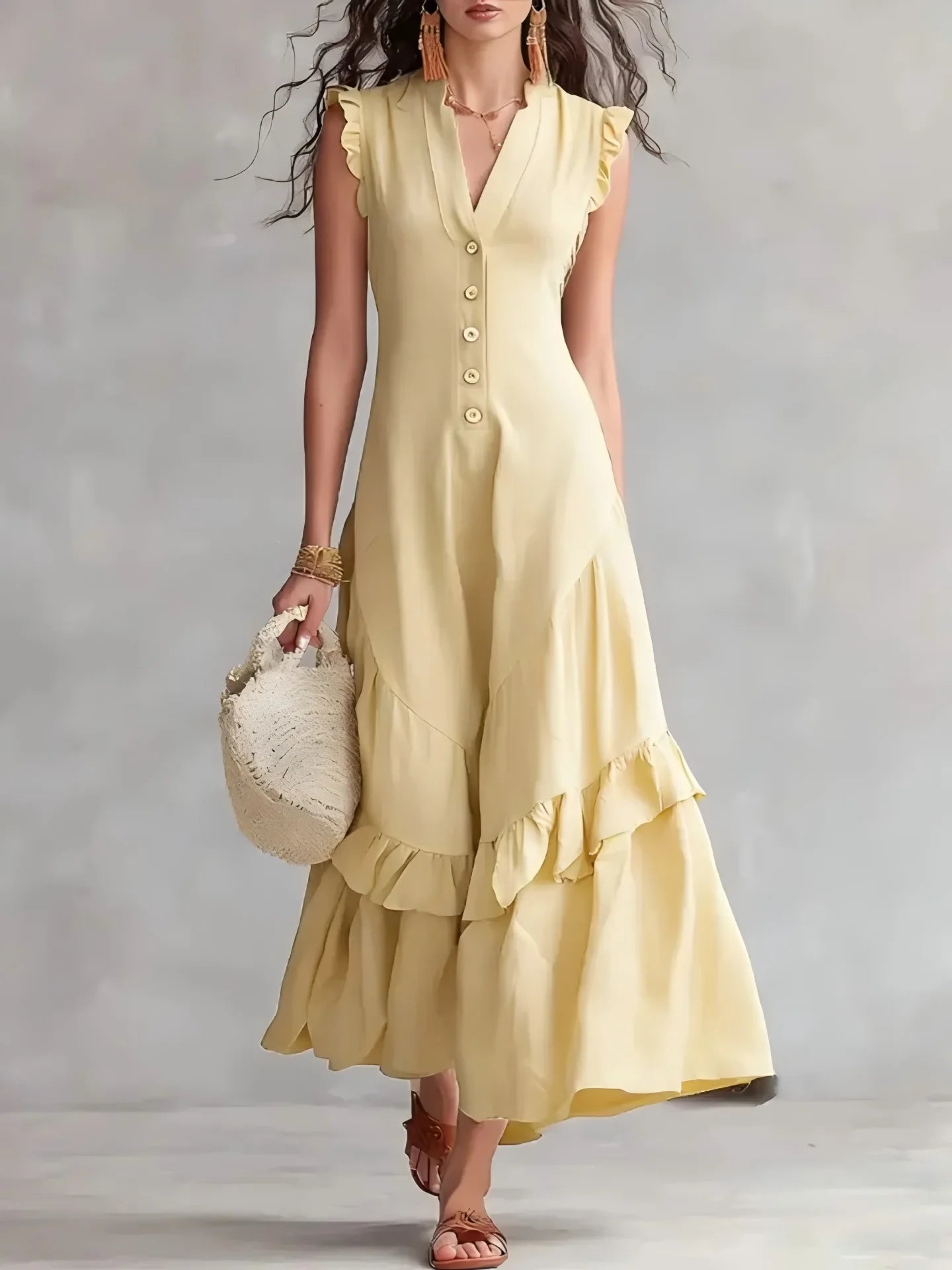 Women's Elegant Ruffle Long Dress | Casual Button-Down Maxi Dress Lindsay