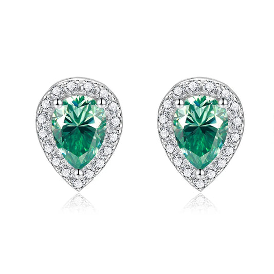 Designer Colorful Pear Cut Moissanite Stud Earrings 5x7mm (0.8CT) – 925 Sterling Silver Halo Setting with Full-Cut Accent Stones Emerie