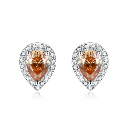 Designer Colorful Pear Cut Moissanite Stud Earrings 5x7mm (0.8CT) – 925 Sterling Silver Halo Setting with Full-Cut Accent Stones Emerie