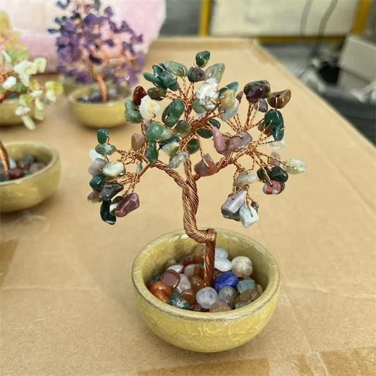 Natural Crystal Stone Healing Energy Tree – Multi-Color Crystal Chips with Ceramic Bowl Base for Decor