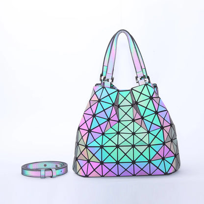 Reflective Geometric Handbag - Customizable Bucket Bag with Luminous Folding Design Dahlia