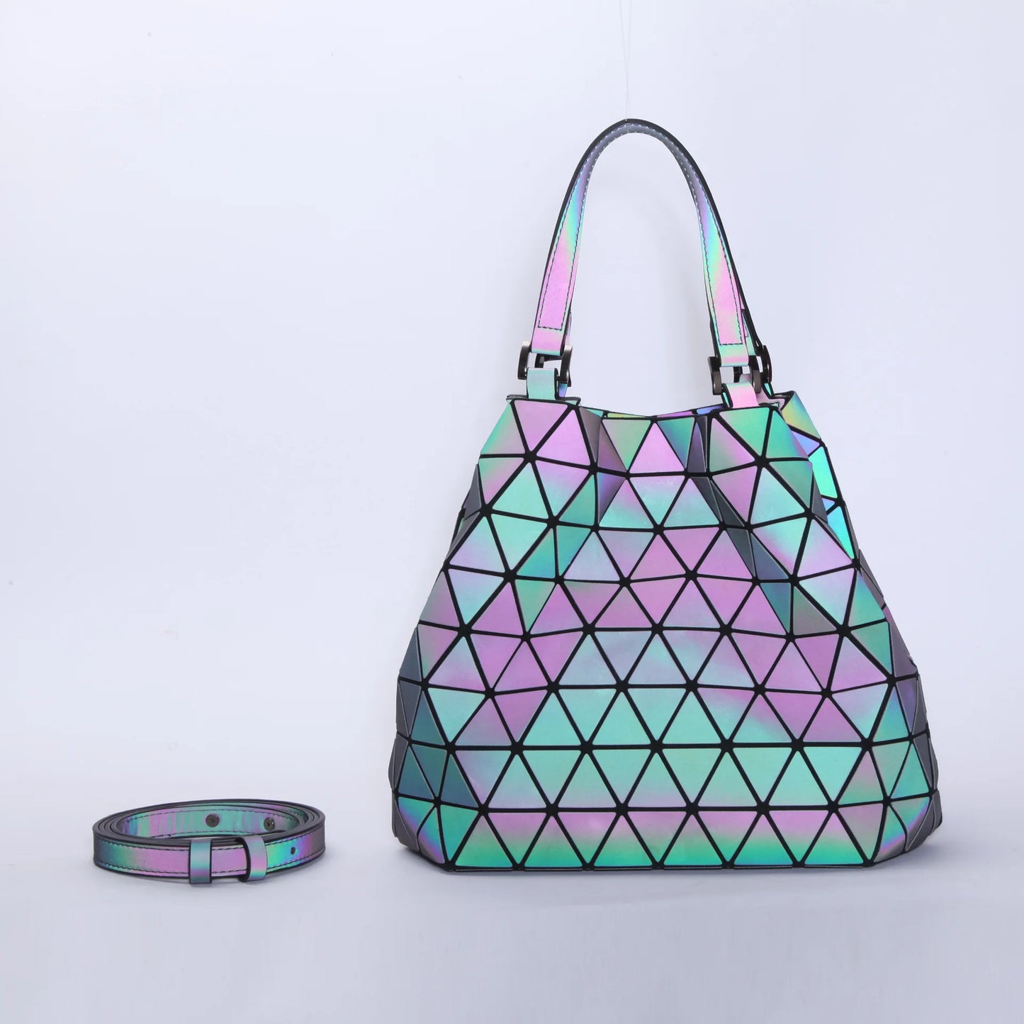 Reflective Geometric Handbag - Customizable Bucket Bag with Luminous Folding Design Dahlia