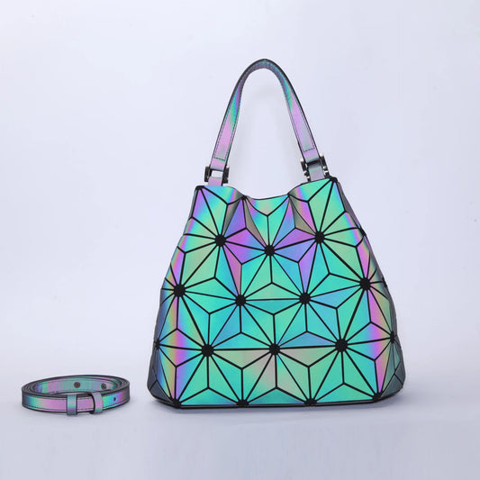 Reflective Geometric Handbag - Customizable Bucket Bag with Luminous Folding Design Dahlia
