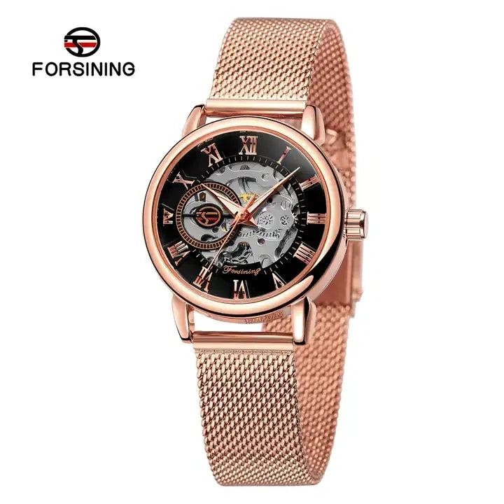 Forsining Women’s Skeleton Watch | Stainless Steel Transparent Mechanical Wristwatch – Waterproof Luxury Watch for Women