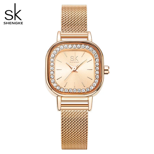 Shengke Women's Luxury Square Dial Quartz Watch – Fashion Black Stainless Steel Mesh Band Wristwatch for Ladies