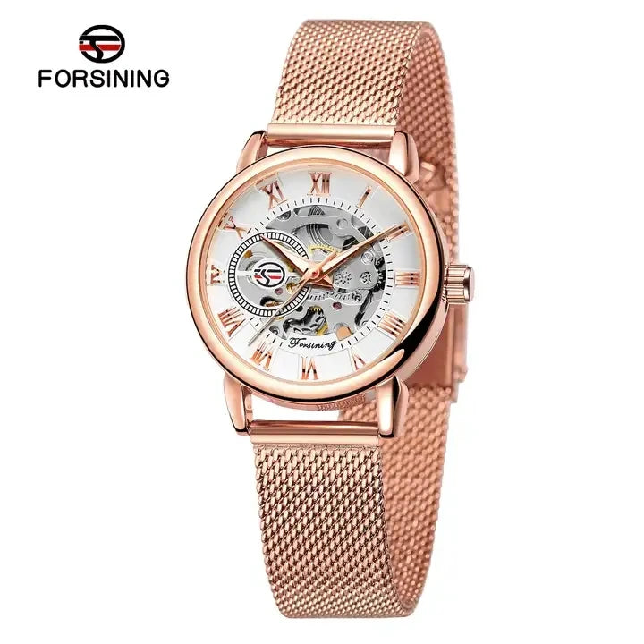 Forsining Women’s Skeleton Watch | Stainless Steel Transparent Mechanical Wristwatch – Waterproof Luxury Watch for Women