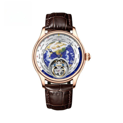 AESOP 7051 Luxury Men's Skeleton Tourbillon Watch – Earth Dial, Automatic Mechanical, Sapphire Crystal, Stainless Steel Case, Leather Strap