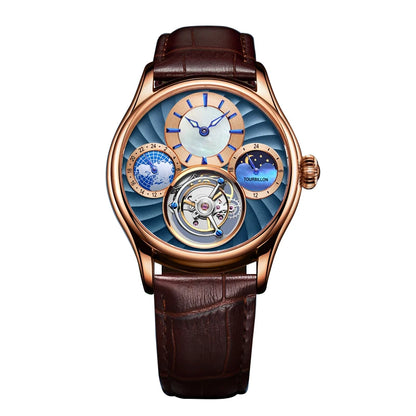 AESOP 7017 Luxury Men's Mechanical Watch – Skeleton Dial, Moon Phase Chronograph, Sapphire Crystal, Stainless Steel Tourbillon Wristwatch
