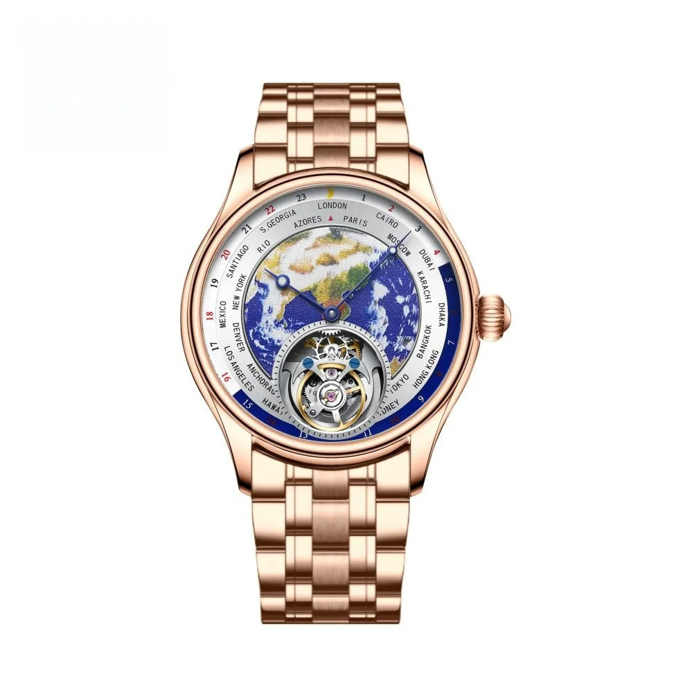 AESOP 7051 Luxury Men's Skeleton Tourbillon Watch – Earth Dial, Automatic Mechanical, Sapphire Crystal, Stainless Steel Case, Leather Strap