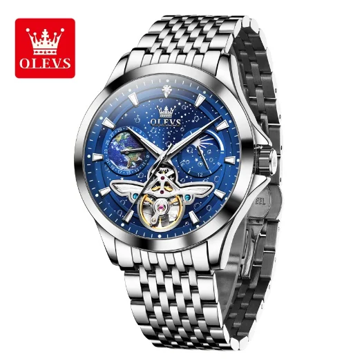 OLEVS 6705 Men's Automatic Watch – Luminous Waterproof Timepiece with Starry Sky Dial & Moon Phase Design