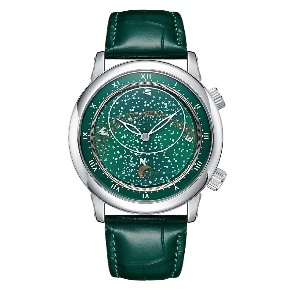 PAULAREIS Luxury Men’s Automatic Watch – Starry Sky Rotating Dial, Waterproof Mechanical Wristwatch with Leather Strap Astro