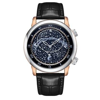 PAULAREIS Luxury Men’s Automatic Watch – Starry Sky Rotating Dial, Waterproof Mechanical Wristwatch with Leather Strap Astro